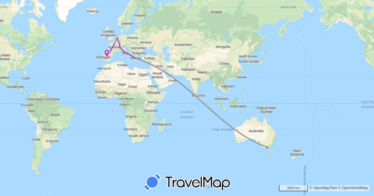 TravelMap itinerary: driving, plane, train in Australia, Switzerland, Spain, France, Greece, Italy, Netherlands (Europe, Oceania)